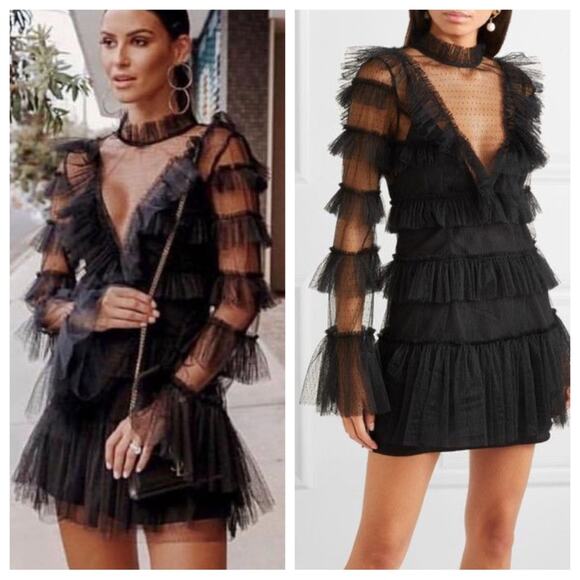 Alice McCall Dresses & Skirts - ALICE MCCALL Zen Black Ruffle Tiered Tulle Mesh Long Sleeve Mini Dress US 10